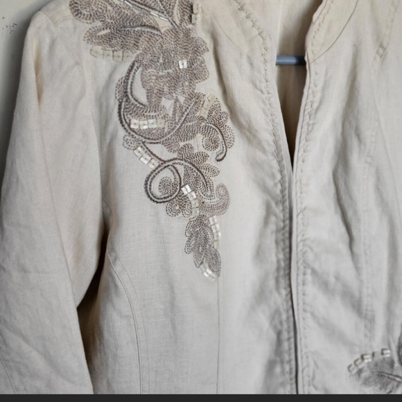 y2k Reba 100% Linen and cotton beaded and embroidered tan jacket - Picture 2 of 8